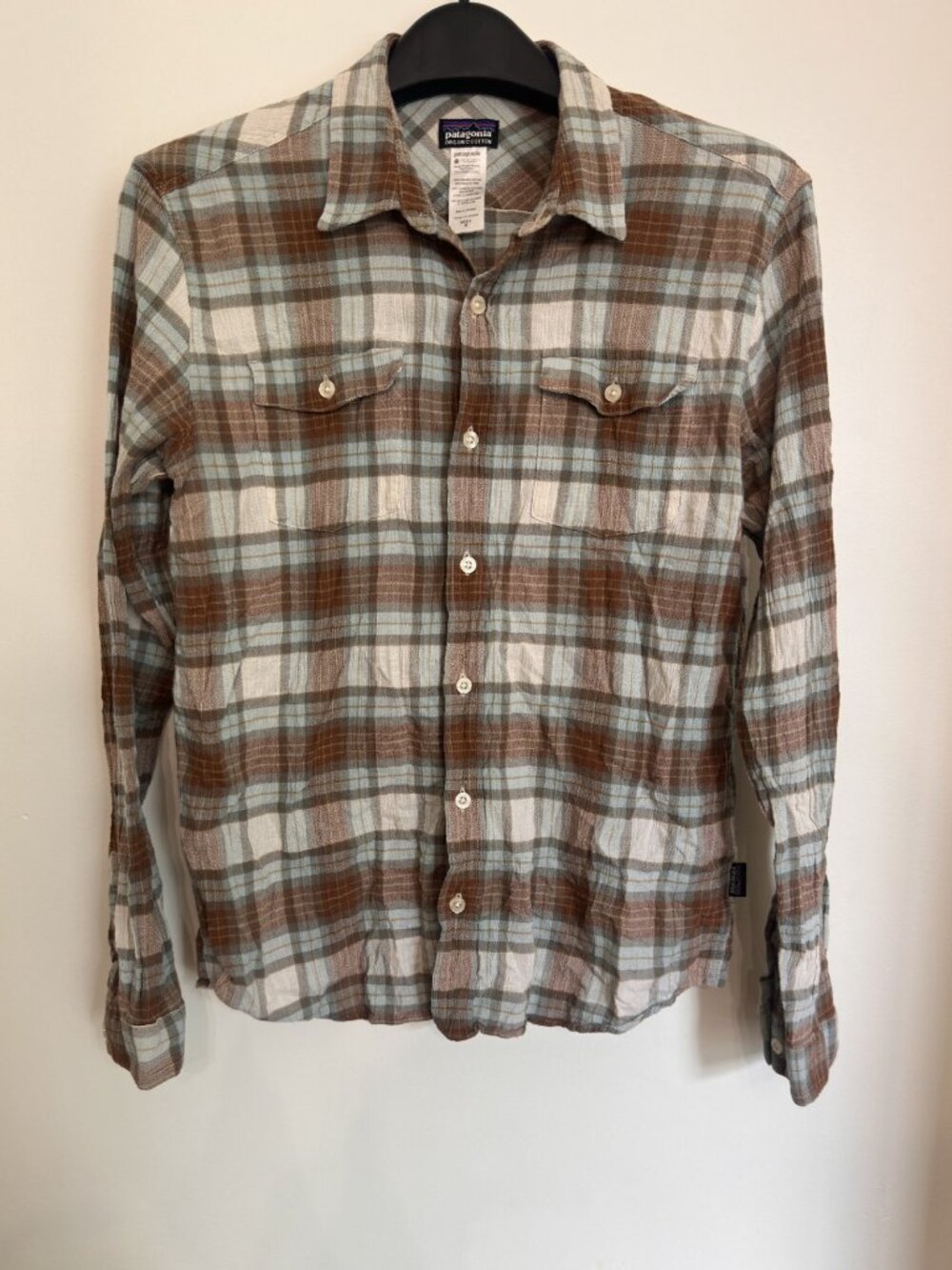 Patagonia Brown and Light Blue Plaid Button-Down Shirt